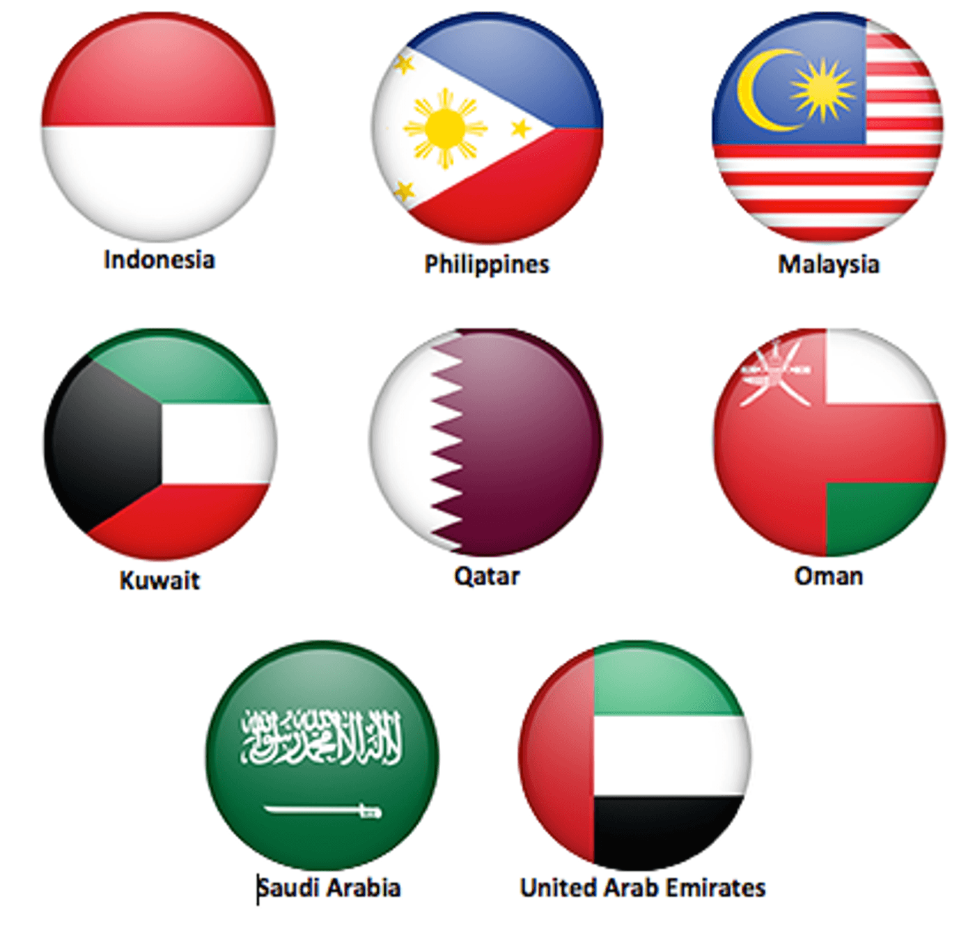 Flags of Indonesia, the Philippines, Malaysia, Kuwait, Qatar, Oman, Saudi Arabia and the United Arab Emirates